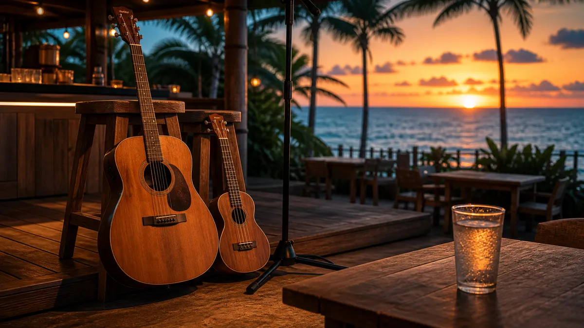 ワイキキの海沿いの店でハワイアン音楽の生演奏を聴きながらグラスを傾ける夕方の情景