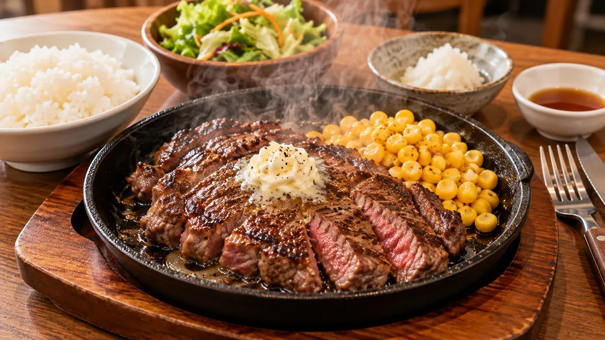 熱い鉄板の上で湯気を立てるステーキと、コーン、白いご飯が並ぶテーブル