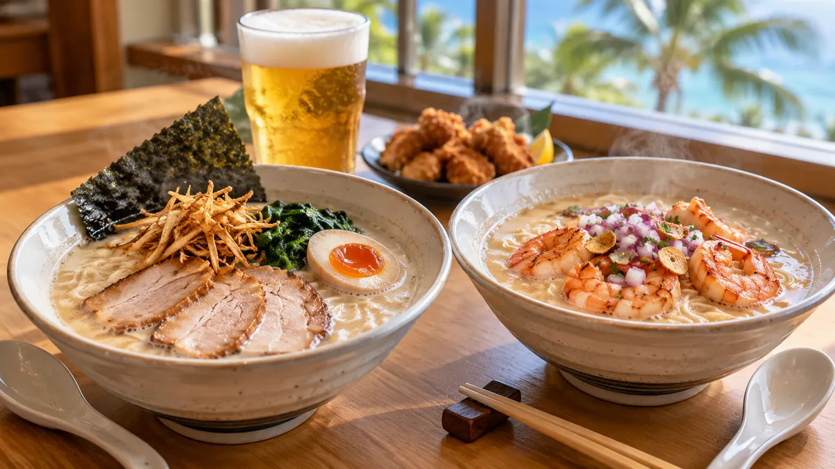 白っぽいスープのラーメンの丼と、ガーリックシュリンプを乗せたラーメン、生ビールのグラスがテーブルに並んでいる様子