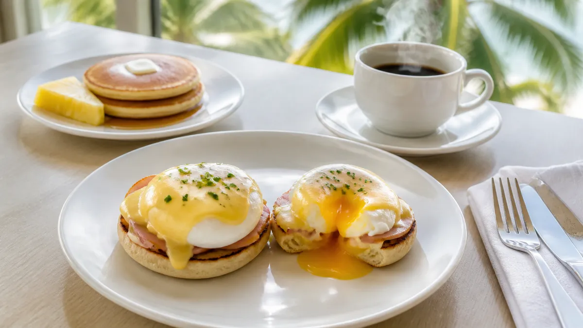 ワイキキのホテルの明るいダイニングで、白いテーブルに並んだエッグベネディクトとパンケーキ、コーヒーカップ
