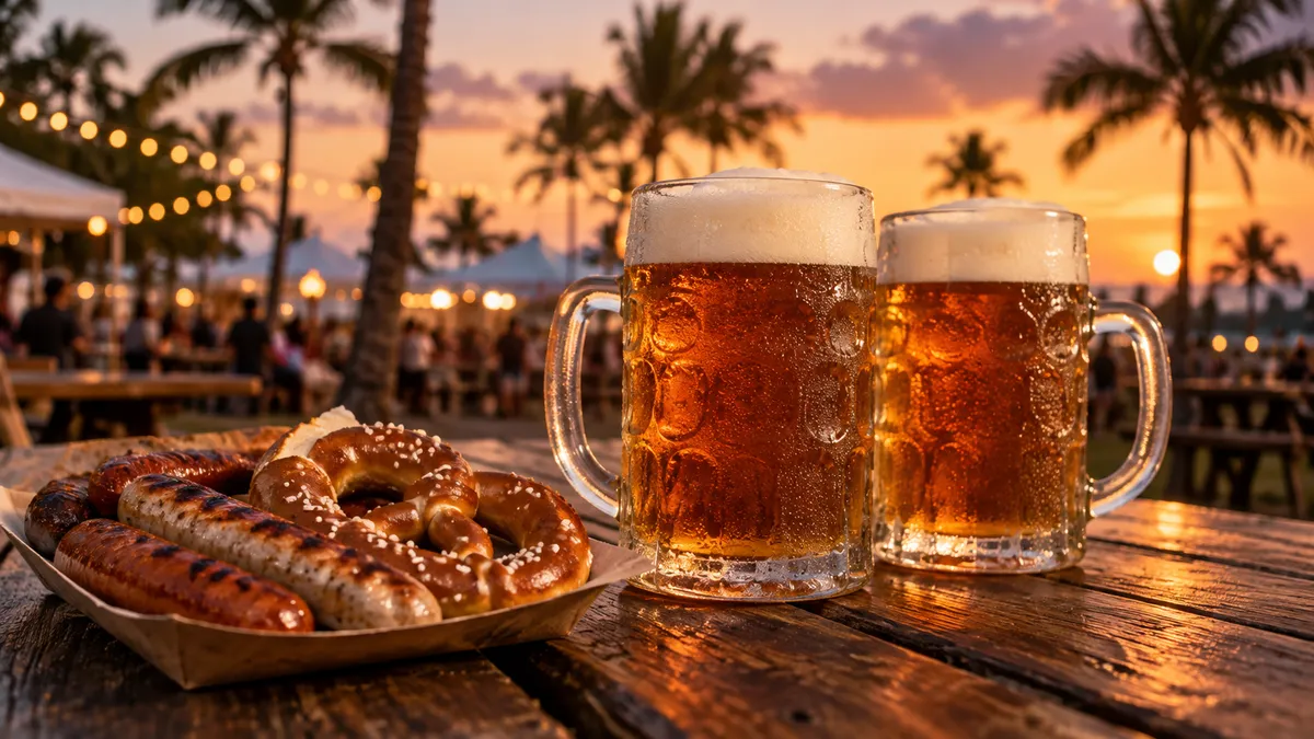 取っ手のついた大きなビールジョッキと焼きソーセージ、プレッツェルが並んだ屋外のテーブル
