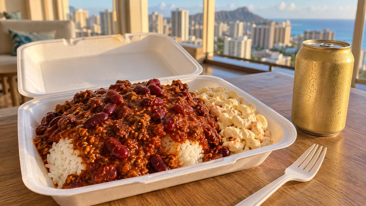 夕方のコンドミニアムのテーブルに置かれた、ご飯とマカロニサラダにチリをかけたプレートランチの持ち帰り容器と冷えた缶ビール