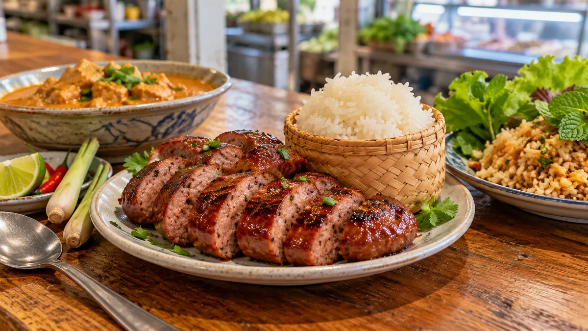 市場の食堂のカウンターに並ぶ、焼いたソーセージともち米の皿、ピーナッツの香るカレー、レタスとミントを添えたカリカリのご飯のサラダ