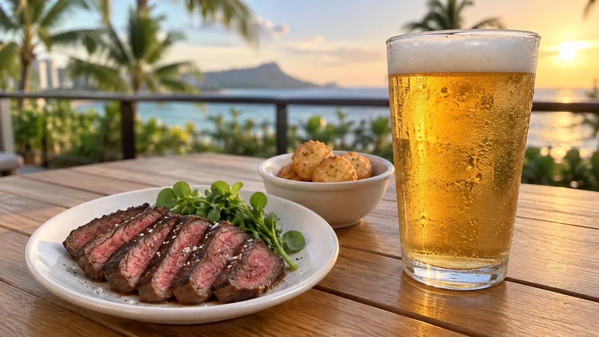 夕方の光が入るテラス席のテーブルに、焼き目のついたステーキの皿と冷えたビールのグラスが置かれている様子