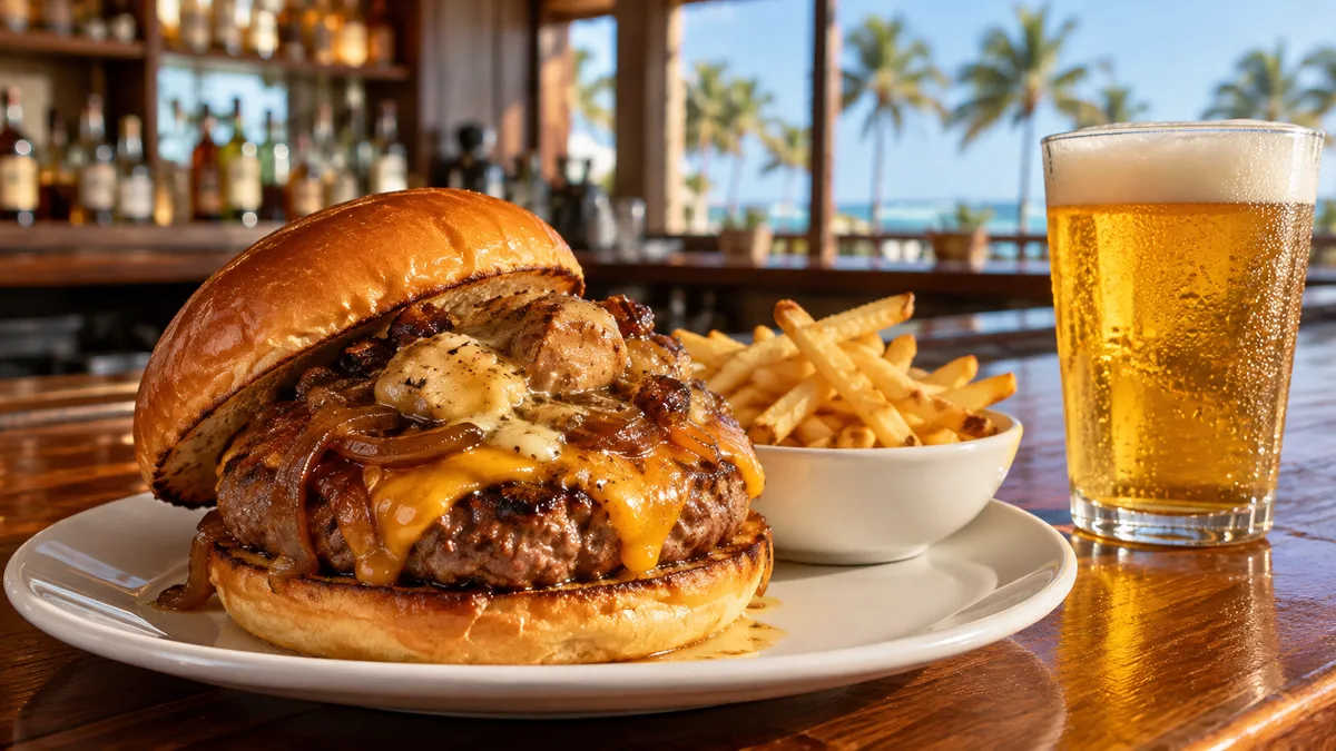 夕方の光が入るバーカウンターに、厚みのあるバーガーとフライドポテトの皿、冷えたビールのグラスが並んでいる様子