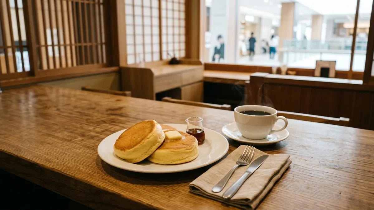 ワイキキの商業施設の一角に開いた日本風のカフェのカウンターと、焼き上がったばかりのスフレパンケーキ