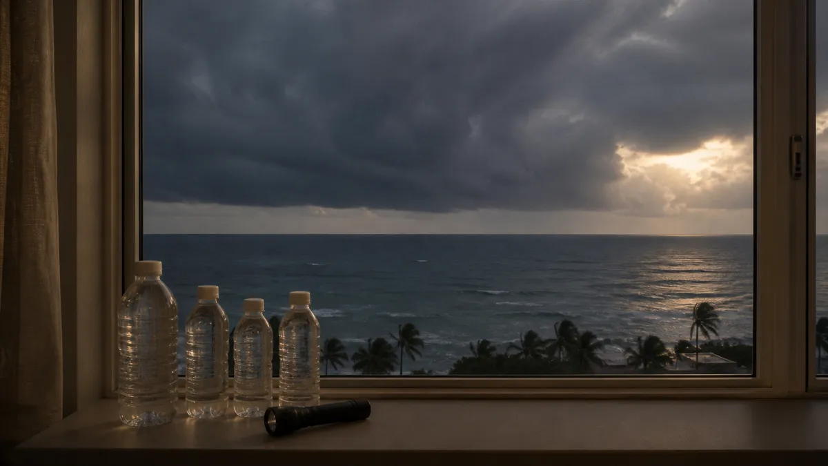 嵐が近づくワイキキの高層階の部屋から、灰色の雲が広がる海を眺める夕方の景色