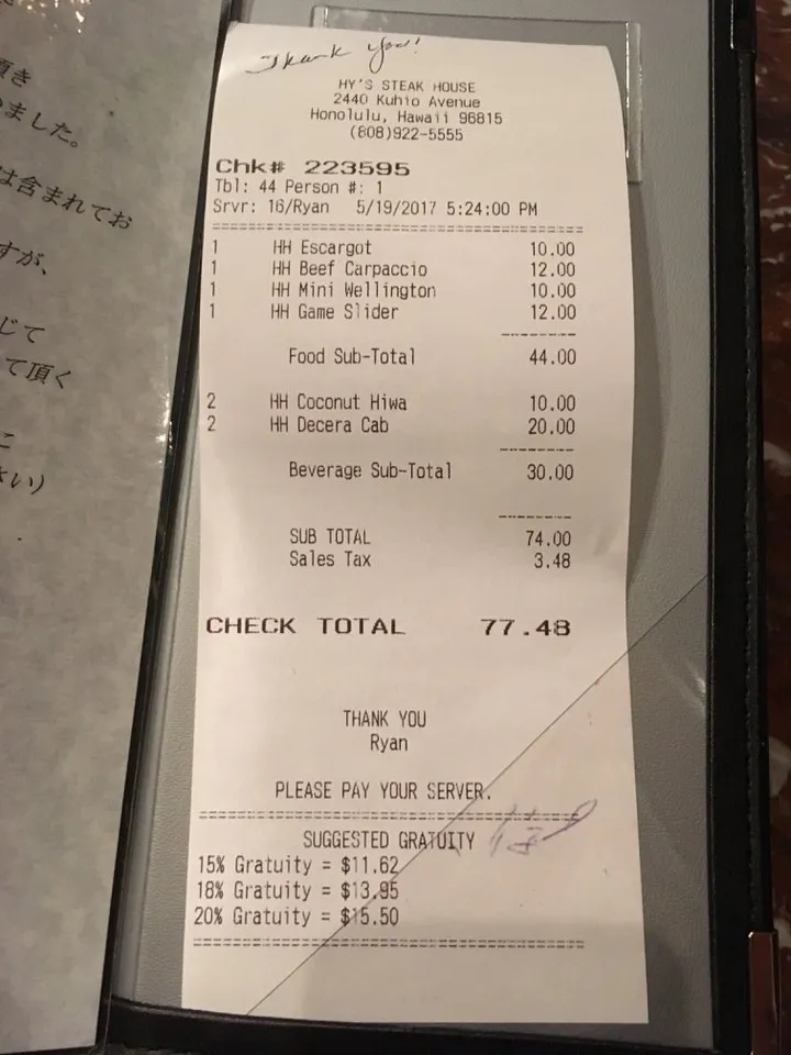 お会計は税込みで77.48ドル