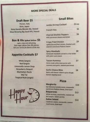 The Appetito happy hour food and drink menu in June 2019, with draft beer at $5 and the margherita at $10