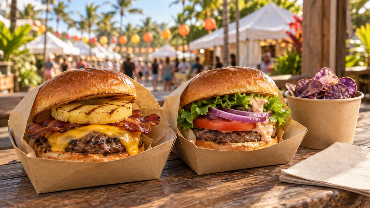 夕方のやわらかい光の中、お祭りの屋台のカウンターに、ベーコンとパイナップルをはさんだバーガーと紫色のポテトチップスが紙の容器に入って並んでいる様子