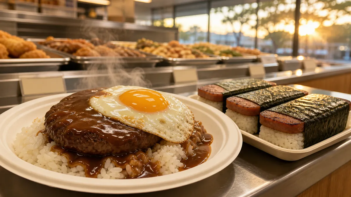 クヒオ通りに面したスーパーマーケットの明るい店内で、ロコモコとムスビが並ぶ惣菜カウンターに人が集まっている夕方の様子