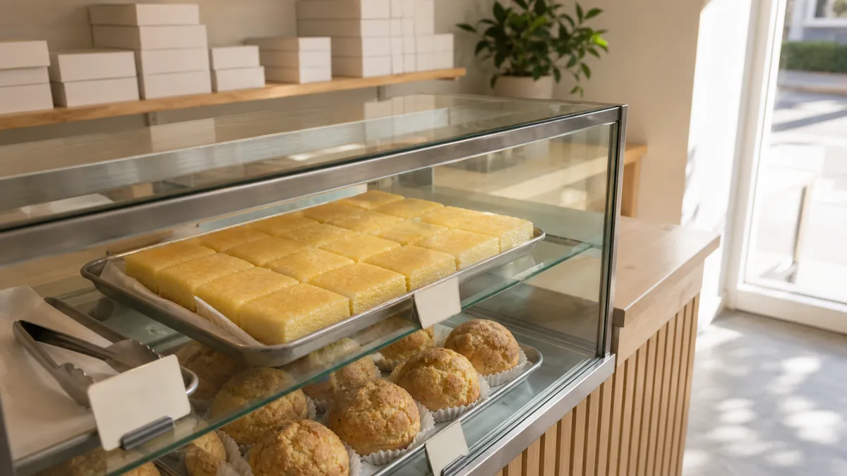 ホノルルの小さなケーキ店のショーケースに並ぶバターもちとシュー生地のお菓子