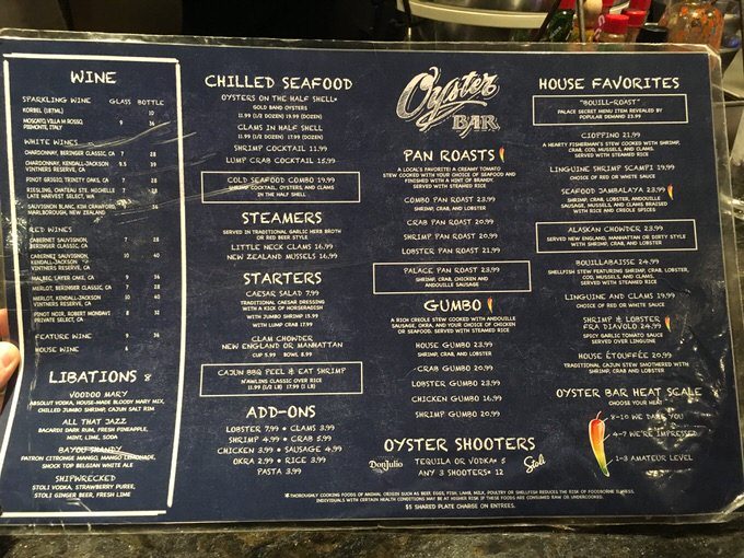 オイスターバーのメニュー