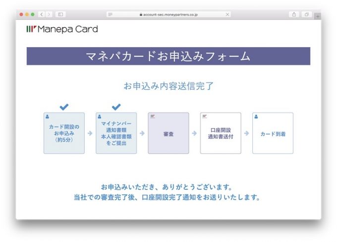 マネパカード申し込み手順15 申し込み完了