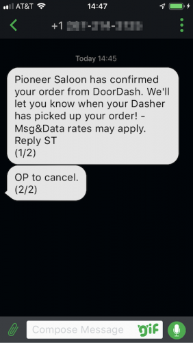 ちゃんと届いたドアダッシュからのSMS